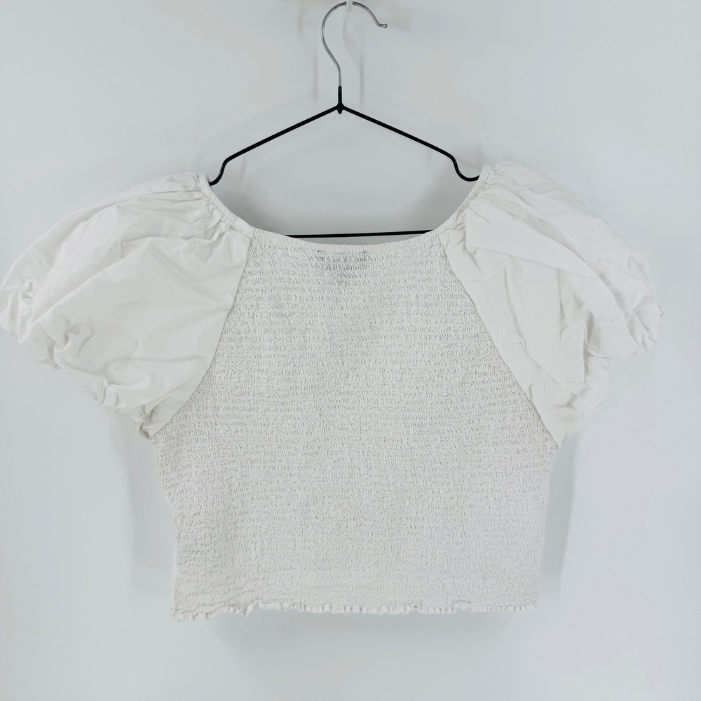 J. Crew White Cropped Puff Sleeve Top Size 14 Smocked Regenerative Cottin Poplin - Picture 2 of 8